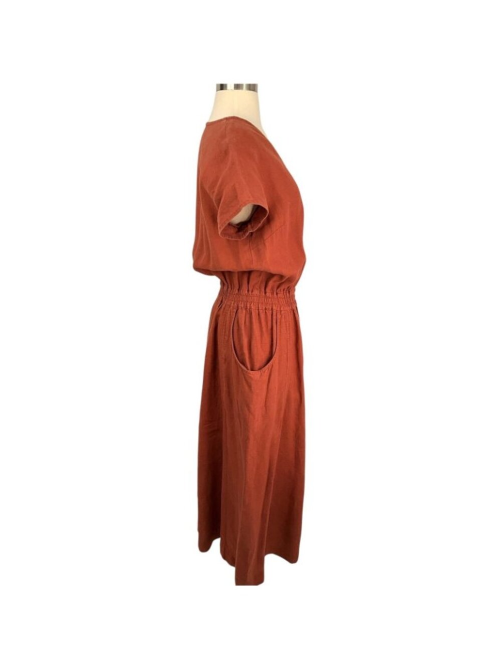 Not Perfect Linen Reine Waisted Linen Dress Womens M Orange Short Sleeve Pockets - Picture 7 of 14